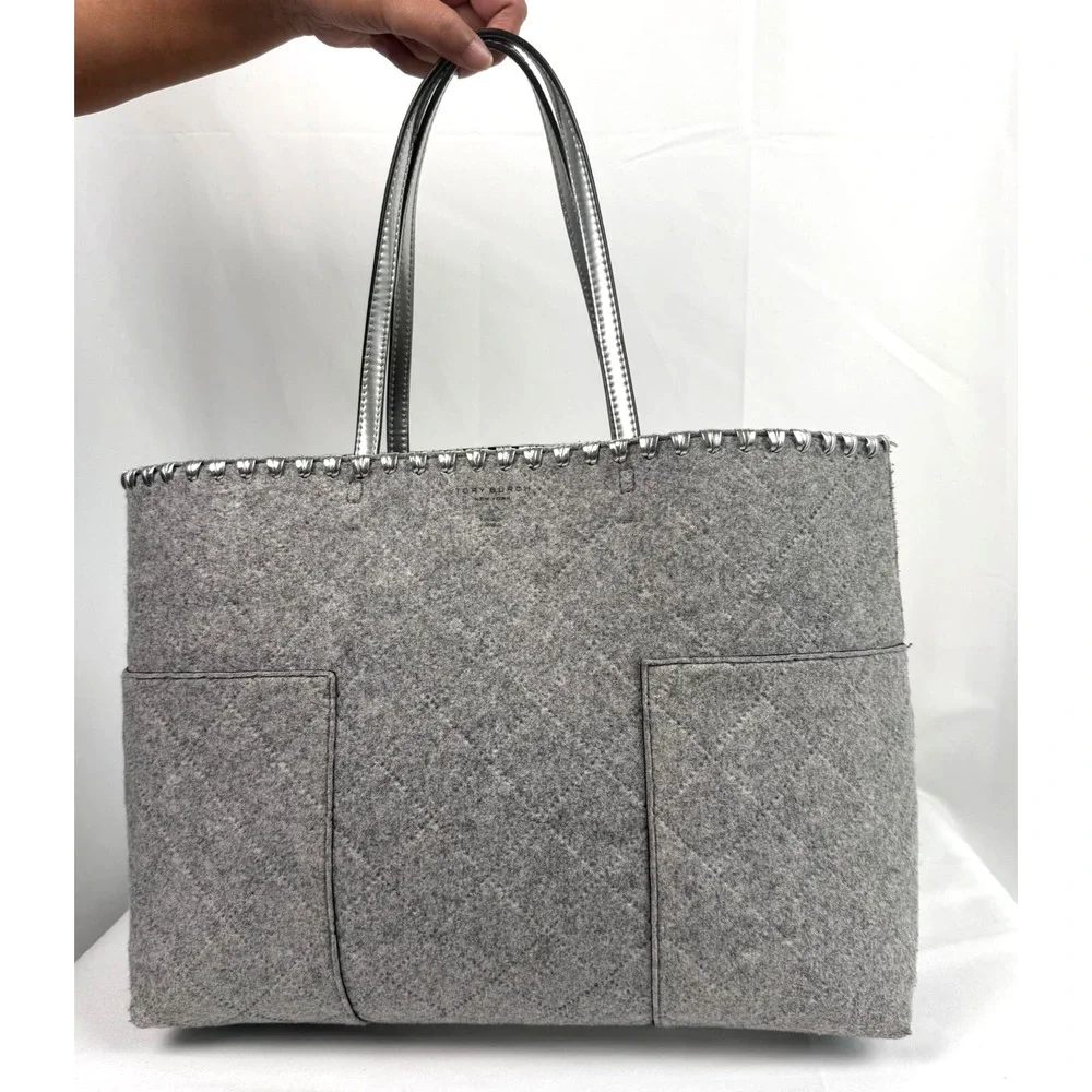 Tory Burch Block-T Felt Fabric Tote Grey/Silver Style 31107 w Silver MakeUp bag